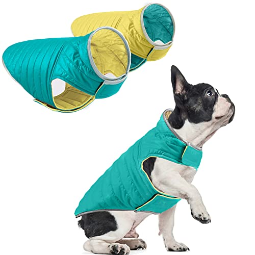 meioro Abrigo de Perro Reversible, Chaqueta de Perros Resistente al Agua a Prueba de Viento Reflexivo Ropa para Mascotas Chaleco Cálido Invierno Adecuado Perros Medianos y Grandes(M, Cian + Amarillo)