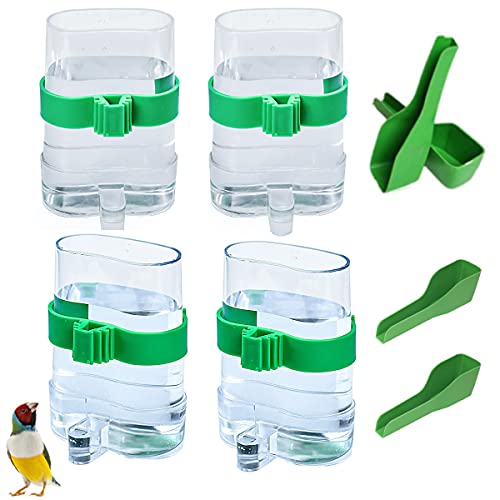 Mengger 4Pcs Comedero de pájaros Exterior dispensadora de Agua automático Jaula dispensadora de pájaros alimentador de Agua Bebedero automático Parrot dispensador con 4PCS Cucharas de pájaros