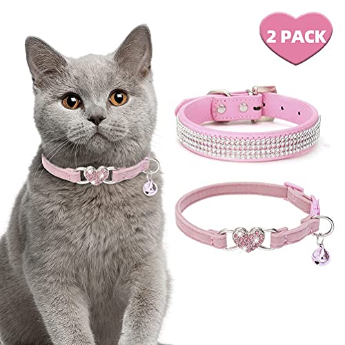 MiaLover 2 collares ajustables para perros y gatos, de piel brillante, con forma de corazón y campana para perros pequeños, dos estilos (rosa)