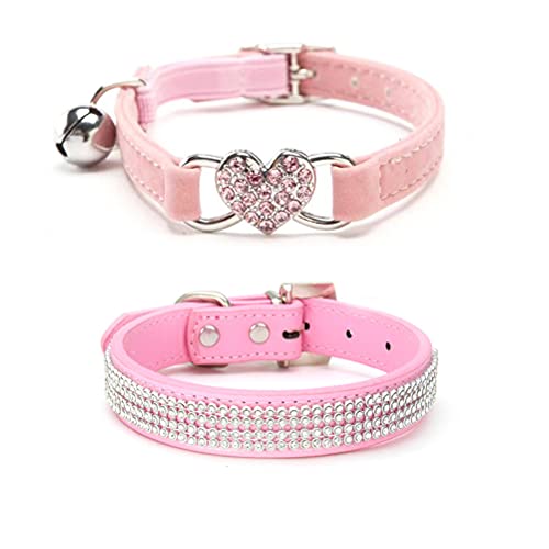 MiaLover 2 collares ajustables para perros y gatos, de piel brillante, con forma de corazón y campana para perros pequeños, dos estilos (rosa)