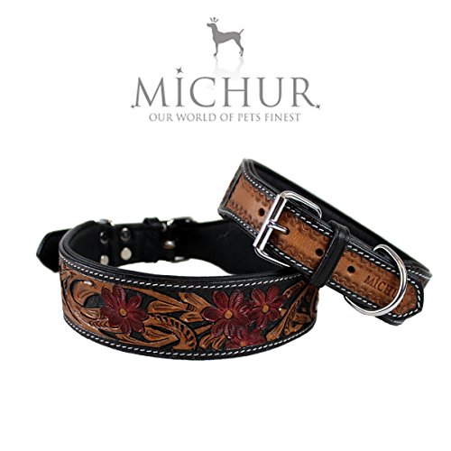 MICHUR Flora Collar de Perro de Cuero, Collar de Perro de Cuero, Collar, Negro Rojo marrón, Cuero, con patrón Floral Rojo, Disponible en Diferentes tamaños, Collar Cuero