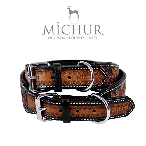 MICHUR Flora Collar de Perro de Cuero, Collar de Perro de Cuero, Collar, Negro Rojo marrón, Cuero, con patrón Floral Rojo, Disponible en Diferentes tamaños, Collar Cuero