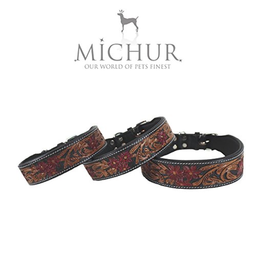 MICHUR Flora Collar de Perro de Cuero, Collar de Perro de Cuero, Collar, Negro Rojo marrón, Cuero, con patrón Floral Rojo, Disponible en Diferentes tamaños, Collar Cuero