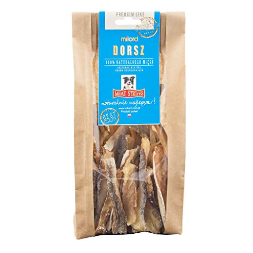 Milord Merienda para Perros, Tiras de Carne de Bacalao secas, bocadillos 100% Naturales, Galletas para Perros, Alimentos para Perros, sin Rellenos, potenciadores, conservantes (150g)