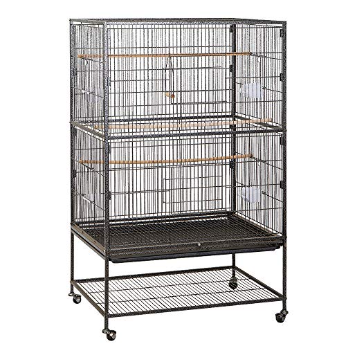 MINGMAY Jaula de Pajarera para Loros, Jaulas Grandes de Metal para Pájaros con Ruedas, Jaula Rectangular , Metal Negro Jaula con Cajón Extraíble, para Pájaros, Canarios, Palomas y Otros Pájaros