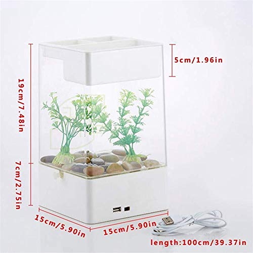 Mini Juego de Acuario, Juego de cría de Peces para Peces Tropicales, Kits de Acuario de Hierba autolimpiantes con iluminación LED de Colores, Kit de Inicio para Acuario con Base (Color : White)