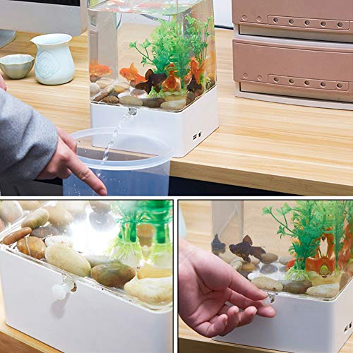 Mini Juego de Acuario, Juego de cría de Peces para Peces Tropicales, Kits de Acuario de Hierba autolimpiantes con iluminación LED de Colores, Kit de Inicio para Acuario con Base (Color : White)