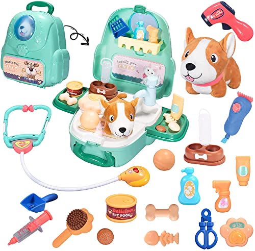 MITCIEN Juguetes para perros Juego de juguetes para mascotas con felpa para el cuidado de cachorros, accesorios para médicos, juegos de rol de simulación, mochila para niños de 3 4 5 años