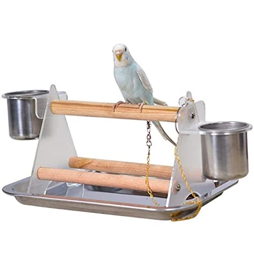 MMAWN Soporte de Escritorio Soporte de Madera Soporte Trípode y Bandeja de Acero Inoxidable Taza de alimentación Taza de Pet Pájaros Pájaros Entrenamiento Soporte Parrots Patio de Juegos