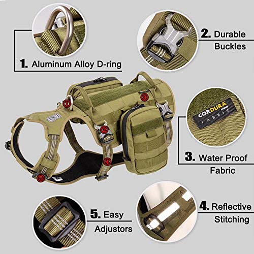 MMWW Arnés para Perros Mochila Bolsa Sillín Táctico Militar Arnés a Prueba de Agua Portador de Mochila para Perro Mascota Entrenamiento de Viaje al Aire Libre-Ejercito Verde_L 69-81cm