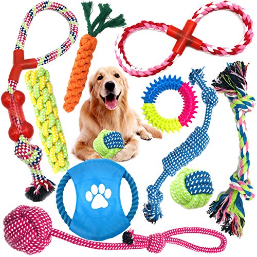 MOOING Grupo de Juguetes para Perros,Durable Masticable Cuerda,Juguete para Morder para Perro,Herramientas de Entrenamiento, 100% Algodón, Juguetes para Mantener a su Perro Sano(10 Piezas)