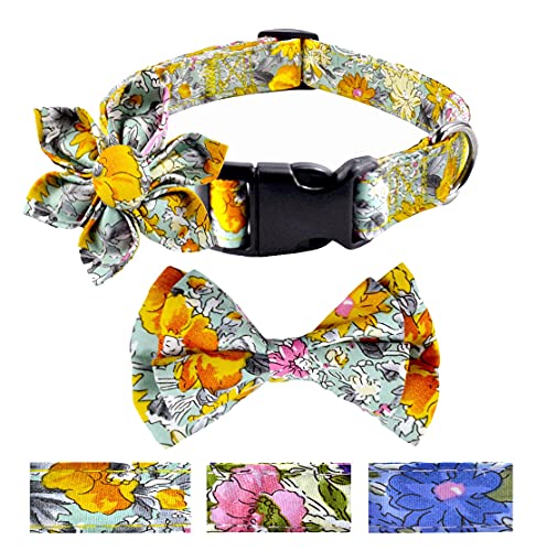 Moonpet Collares de perro con pajarita reemplazable y flor, collares de perro con patrón floral ajustable para niñas pequeñas y medianas razas grandes perros amarillo M