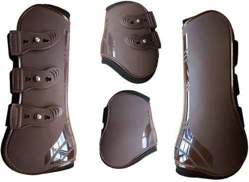 MOOUK 4 Piezas Pata de Caballo Neopreno Botas, Cuero Sintético Envoltura para Pierna Ajustable Delantero Posterior Botas Equino Protector Ecuestre Tendón Protección Jarrete Tirantes - Marron, M