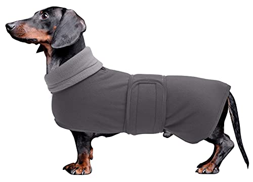 MOREZI Abrigo de Invierno para Perros, Forro Polar, Cuello Alto Plegable, con Hebilla de Hook Loop Ajustable, Apto para Perros pequeños y medianos como los Perros Salchicha-Gris-XL