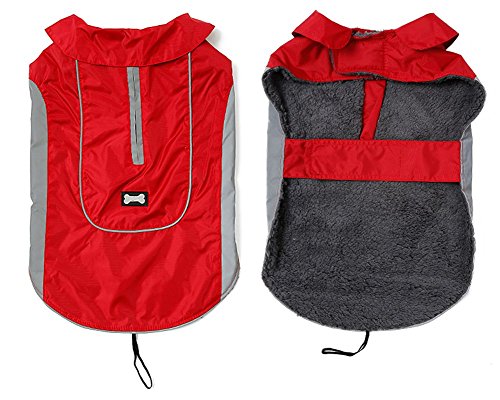 MOREZI Chaqueta de Invierno para Perro, Capa Exterior Impermeable, Forro Polar, Rayas Reflectantes y Hebilla de Hook Loop. Adecuado para Perros pequeños y medianos-Rojo-XL