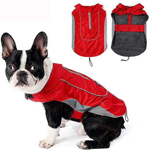 MOREZI Chaqueta de Invierno para Perro, Capa Exterior Impermeable, Forro Polar, Rayas Reflectantes y Hebilla de Hook Loop. Adecuado para Perros pequeños y medianos-Rojo-XL