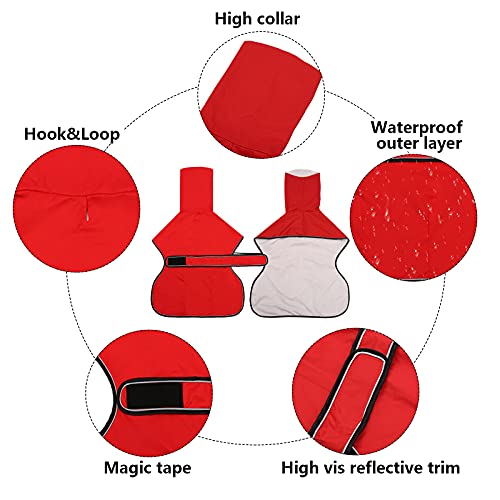 MOREZI Chubasquero para Perro, Cortaviento e Impermeable, Cuello Alto abatible, con Orificio para Cuerda de Seguridad y Hebilla de Velcro, Apto para Perros de tamaño Mediano-Rojo-S