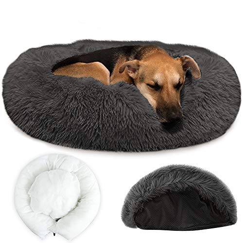 Nasjac Cama calmante para Mascotas, Cama cálida para Perros con Funda extraíble, cojín de Felpa Suave con una acogedora Esponja Inferior Antideslizante para Dormir Otoño Invierno (80 CM Gris Oscuro)