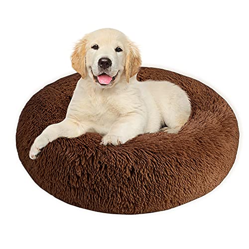 Nasjac Cama calmante para Mascotas, Nido de Mimbre para Donuts Cojín de Felpa Suave y cálido para Perros con Esponja acogedora Parte Inferior Antideslizante para Mascotas (L(70Cm), Café marrón)