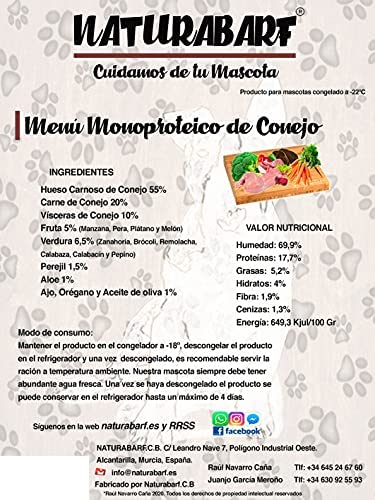 NATURABARF | Menú monoproteico de Conejo para Perros pequeños, medianos y Grandes (7.2 kg)