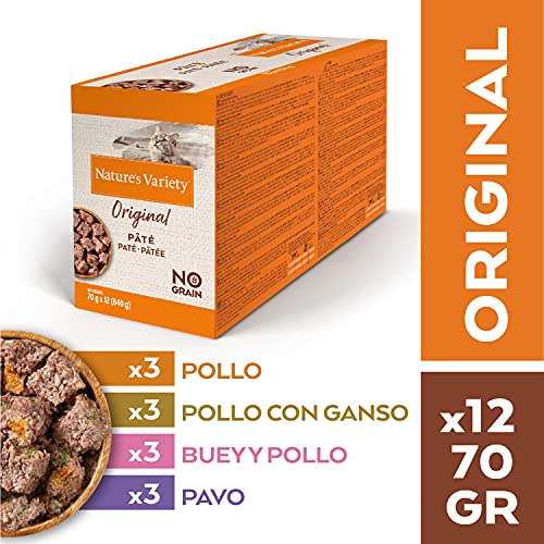 Nature's Variety Original No Grain - Multipack de patés para Gatos Adultos - 3 Multipacks de 12 x 70 g - Total 2,52 kg