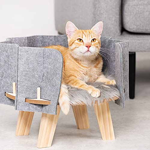 Navaris Cama elevada para Mascotas - Hamaca Alta para Gatos Cachorros Conejos - Camita de Madera y Fieltro con Patas y Manta de Pelo - 41 x 32 CM