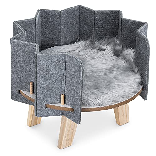 Navaris Cama elevada para Mascotas - Hamaca Alta para Gatos Cachorros Conejos - Camita de Madera y Fieltro con Patas y Manta de Pelo - 41 x 32 CM