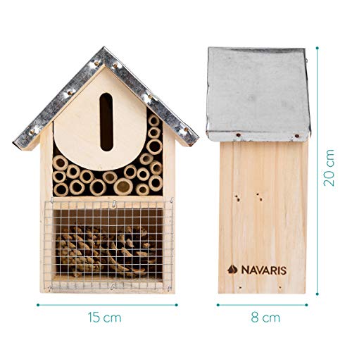 Navaris S Hotel para Insectos de Madera - Observatorio de Insectos 15 x 8 x 20CM - Casa Natural Cubierta metálica y Gancho para Diferentes bichos