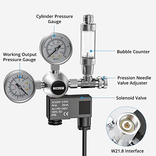 NICREW Regulador CO2 Acuario, Reductor de Presión de CO2 para Acuarios, Contador de Burbujas y Válvula de Retención para Manómetro con Tapón