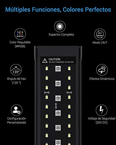 NICREW SkyLED RGB+W 24/7 Luz Acuario, Luz LED Multiespectral para Acuario, Pantalla LED Acuario con Control Remoto, Iluminación LED para Acuarios 30-45 cm, 12 W, 600 LM