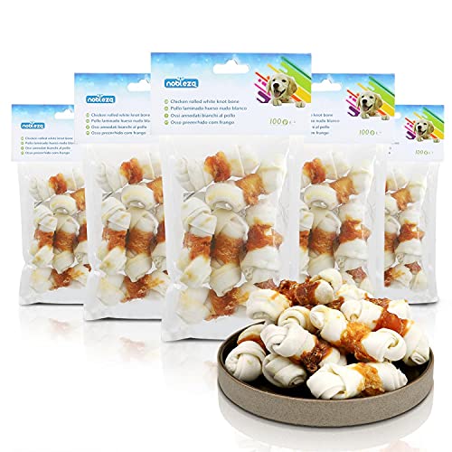 Nobleza- Hueso para Masticar con diseño de Pollo, Pollo Envuelto Rawhide Huesos con Nudos, Materias Primas Naturales Seleccionadas Golosinas para Perros Naturales - 6 PCS / 600g