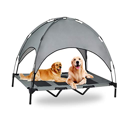 OLSAGO Cuna elevada para mascotas con dosel, cuna elevada portátil para acampar o playa, toldo extraíble, tela Oxford 1680D duradera, cama para perro para exteriores (grande, gris)