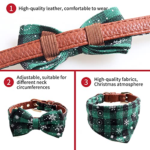 OmeHoin Conjunto de collar y bandana para perros y gatos, collar de Navidad clásico de copo de nieve a cuadros con lazo y baberos triangulares, pañuelo de copo de nieve a cuadros verdes + bandana