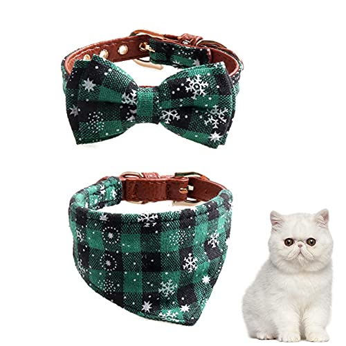 OmeHoin Conjunto de collar y bandana para perros y gatos, collar de Navidad clásico de copo de nieve a cuadros con lazo y baberos triangulares, pañuelo de copo de nieve a cuadros verdes + bandana