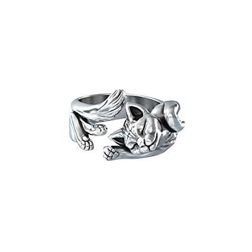 OOCA Nuevo Lindo Anillo de Animal Gato durmiendo Dulce Anillo de tótem de Gato de Plata tailandesa Vintage Europeo y Americano