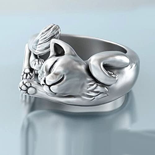 OOCA Nuevo Lindo Anillo de Animal Gato durmiendo Dulce Anillo de tótem de Gato de Plata tailandesa Vintage Europeo y Americano