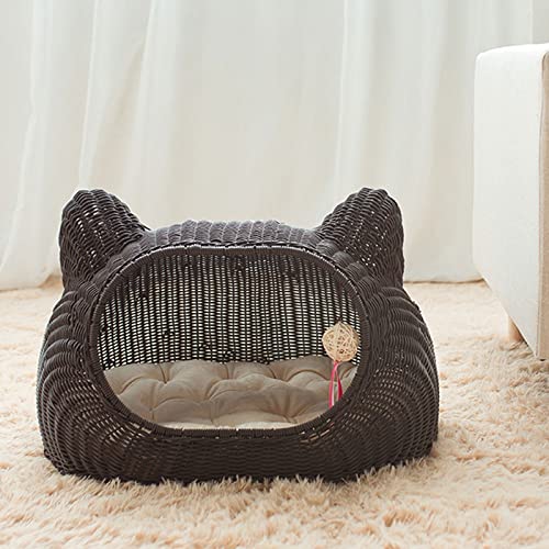 Ownlife Cama de Gato de Mimbre Casa de Gato de Mestizo for Mascotas Lindo con cojín Suave Cesta de cazas for Gatitos for Gatos de Interior y Perros pequeños Mascotas (Color : Black)