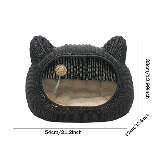 Ownlife Cama de Gato de Mimbre Casa de Gato de Mestizo for Mascotas Lindo con cojín Suave Cesta de cazas for Gatitos for Gatos de Interior y Perros pequeños Mascotas (Color : Black)