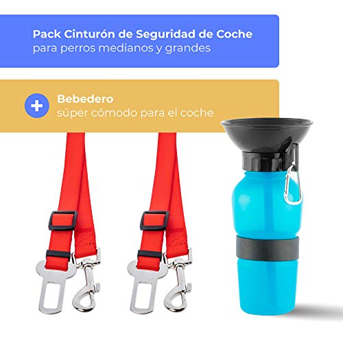 Pack Viaje Mascotas : 2 Cinturon Perro Coche + Bebedero dispensador portatil con Sistema Anti Goteo/Pack Especial Perros para Coches Accesorios para Mascota