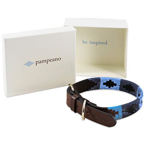 pampeano | Azules - Cuello Polo para Perros Artesanal Argentino en Piel de Primera Calidad | Caja de Regalo | Todas Las Razas de Perros | Hebilla de Acero Inoxidable Cosida a Mano de 1,5 cm de Ancho