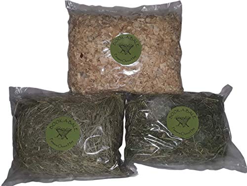 Paquete artículos esenciales para mascotas pequeñas – 250 g Heno de Montaña + 250 g Heno de Alfalfa de Calidad + 250 g de Virutas de madera