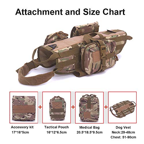 Parateck Arnés militar táctico para perro K9, caza, chaleco de trabajo para perros medianos y grandes, pecho 51-90 cm, con 3 bolsas tácticas desmontables, camuflaje