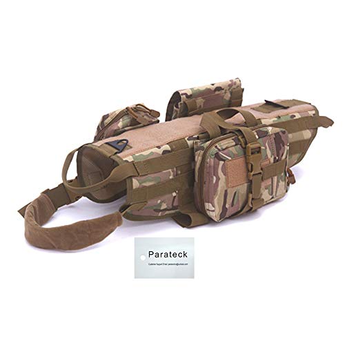 Parateck Arnés militar táctico para perro K9, caza, chaleco de trabajo para perros medianos y grandes, pecho 51-90 cm, con 3 bolsas tácticas desmontables, camuflaje