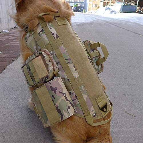 Parateck Arnés militar táctico para perro K9, caza, chaleco de trabajo para perros medianos y grandes, pecho 51-90 cm, con 3 bolsas tácticas desmontables, camuflaje