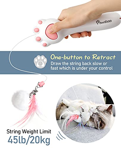 Pawaboo Juguete Pluma de Gato Automático, Bola Interactiva Varita Retráctil con Sola Pulsación, Juguete de Cazador Interactivo para Ejercitar Gatos y Gatitos - Blanco y Rosa