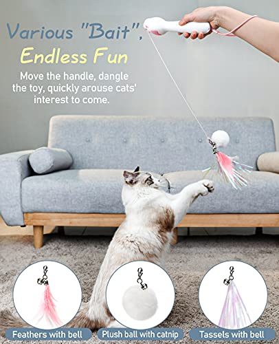 Pawaboo Juguete Pluma de Gato Automático, Bola Interactiva Varita Retráctil con Sola Pulsación, Juguete de Cazador Interactivo para Ejercitar Gatos y Gatitos - Blanco y Rosa