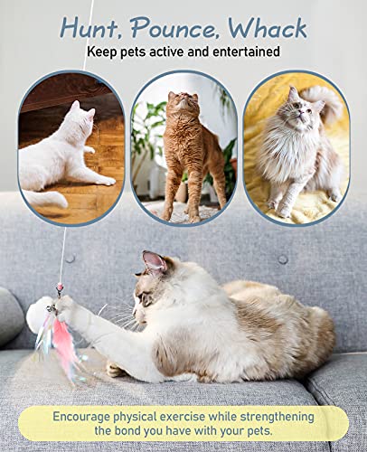 Pawaboo Juguete Pluma de Gato Automático, Bola Interactiva Varita Retráctil con Sola Pulsación, Juguete de Cazador Interactivo para Ejercitar Gatos y Gatitos - Blanco y Rosa