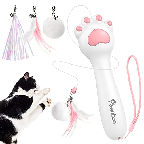 Pawaboo Juguete Pluma de Gato Automático, Bola Interactiva Varita Retráctil con Sola Pulsación, Juguete de Cazador Interactivo para Ejercitar Gatos y Gatitos - Blanco y Rosa