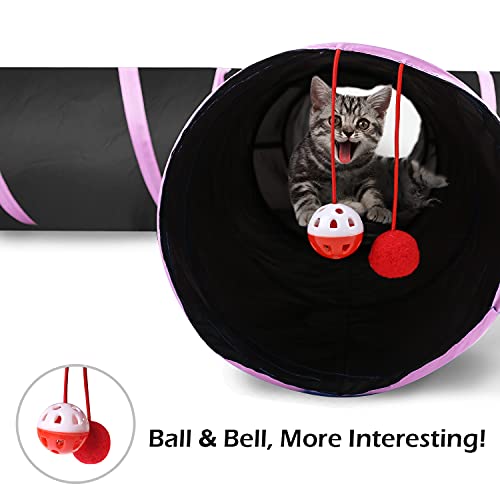 Pawaboo Túnel para Gatitos, 25 * 53 CM Prima 4 Vías Túneles Extensible Plegable Gato Jugar Túnel Casa del Laberinto del Juguete con Pompón y Campanas para Gato Gatito Cachorro Conejo - Negro y Rosa