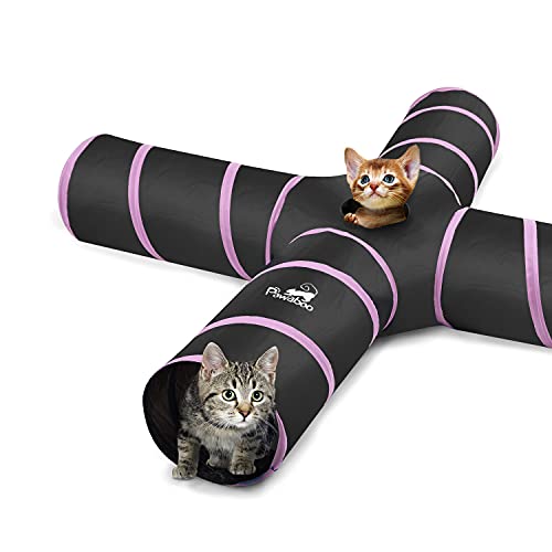 Pawaboo Túnel para Gatitos, 25 * 53 CM Prima 4 Vías Túneles Extensible Plegable Gato Jugar Túnel Casa del Laberinto del Juguete con Pompón y Campanas para Gato Gatito Cachorro Conejo - Negro y Rosa